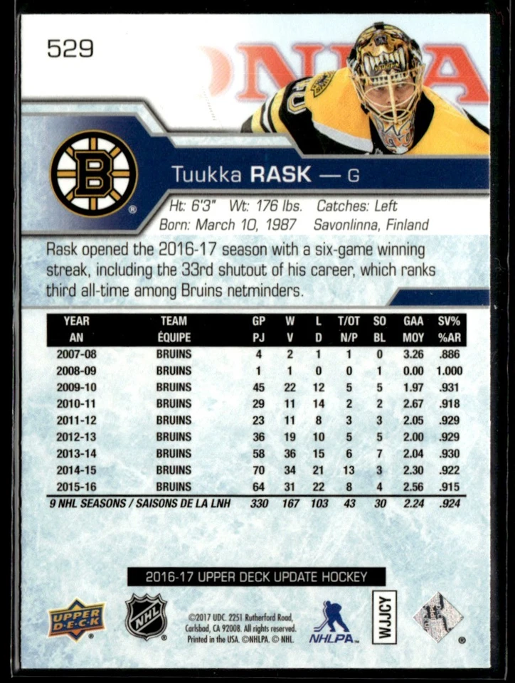 2016-17 SP Authentic 2016-17 Upper Deck Update Tuukka Rask #529 - Image 2 of 2