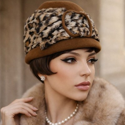 Vintage Marzi Firenze Cloche Hat Leopard Faux Fur Wool Felt 