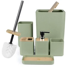  Bathroom Accessories Set 6 Piece Bamboo Bath Ensemble Includes Soap Green