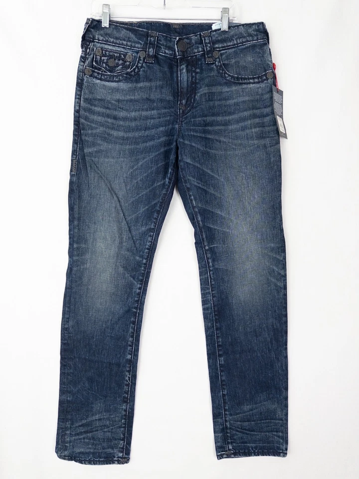Pantalones de mezclilla True Religion para hombre 33 Geno solapa Super T lavado oscuro bordados nuevos con etiquetas Foto 3 de 4