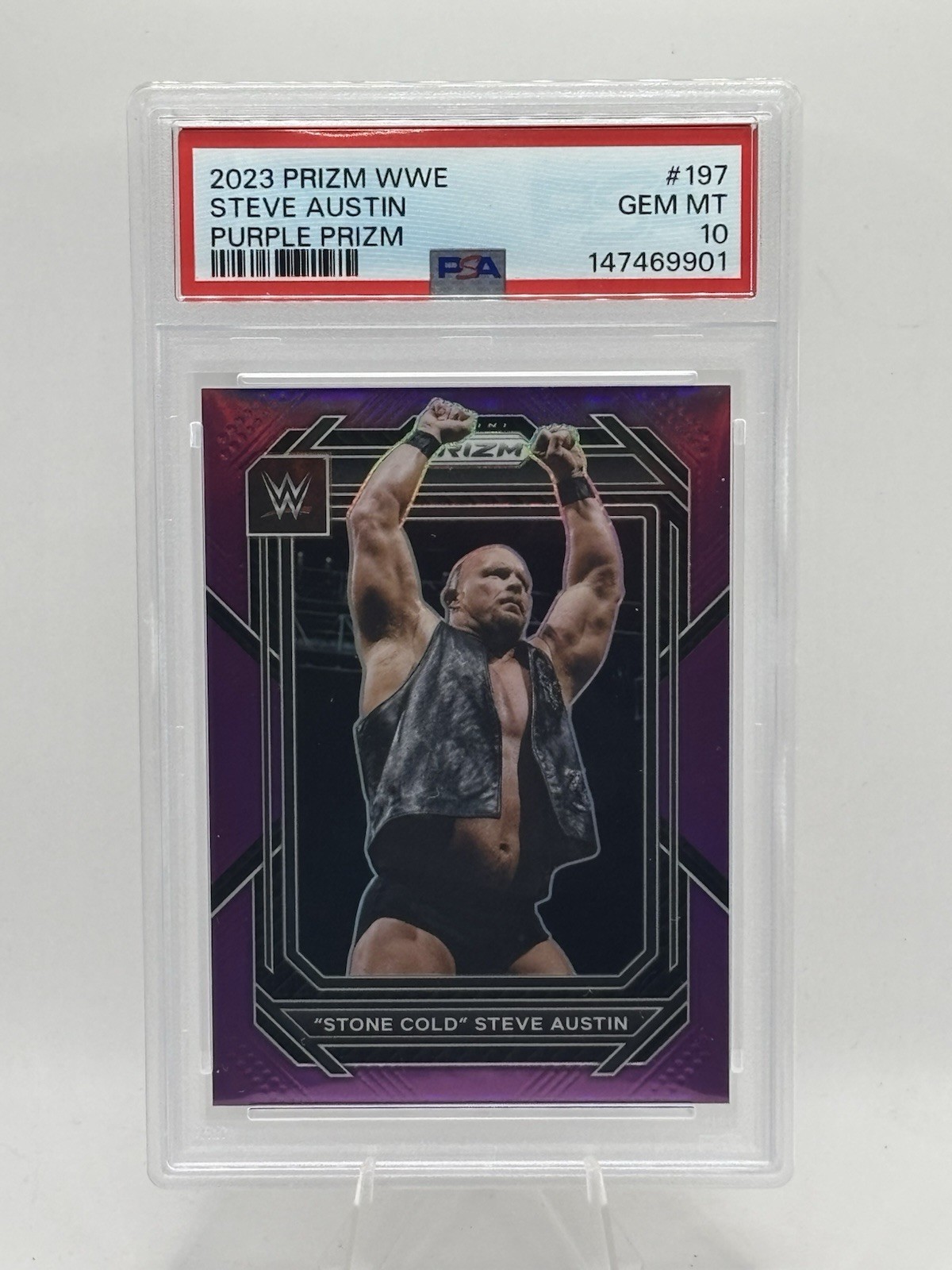 2023 Panini Prizm WWE #197 Stone Cold Steve Austin Purple Prizm #007/149 PSA 10