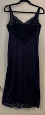 Vintage VANITY FAIR Full Dress SLIP Navy Blue Nylon Floral LACE Size 36 Midi