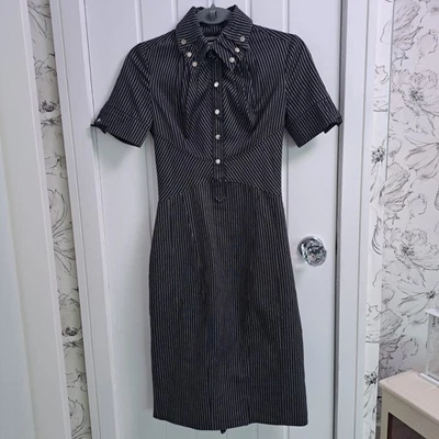 Vintage Karen Millen 8 UK Eva Black Pinstripe Cotton Stretch Wiggle Shirt Dress - Image 1 of 4