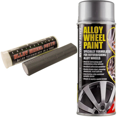 E-TECH Silver Alloy Refurbishment Wheel Spray Paint Can + Repair Filler Putty