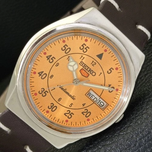 AUTOMATIC VINTAGE SEIKO 5 JAPAN 6349A MENS ORANGE COLOR DIAL WATCH a701293-1