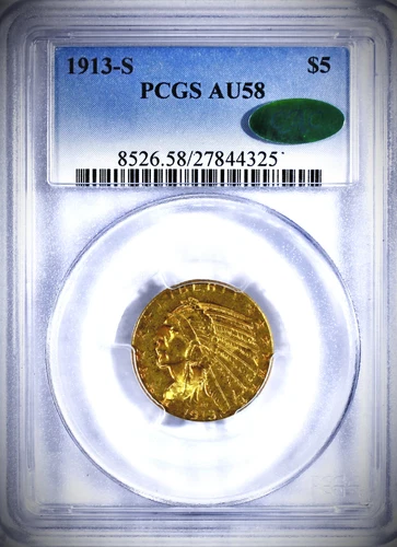 1913-S Indian Head Half Eagle - PCGS AU-58 CAC - $ 5 Gold Scarce Date 58