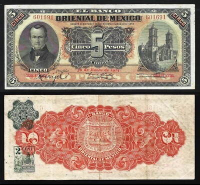 MEXICO 5 Pesos 1914 - Banco Oriental - Pick.S381c MBC+ / VF