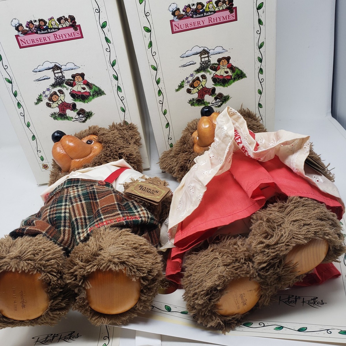 Vintage Robert Raikes Jack & Jill Bear Plush Wood Carved Face