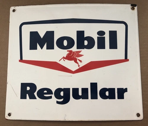 Vintage MOBIL Gas / Oil Regular Porcelain Sign 12" x 14" GASOLINE Pegasus