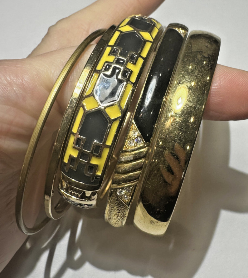 Chunky Stackable Gold tone Enamel Rhinestone Etch… - image 5