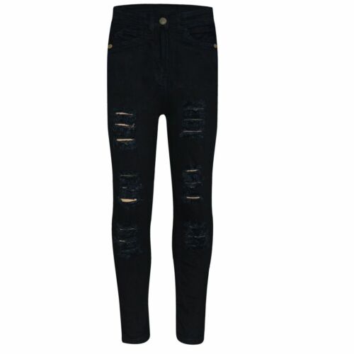 Bambine Nero Jet Skinny Jeans Strappati Moda Elasticizzato Pantaloni Jeggings - Foto 1 di 5