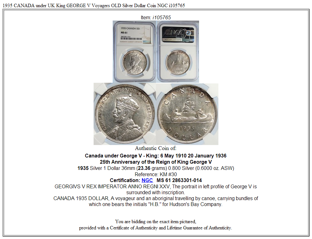 1935 CANADA under UK King GEORGE V Voyagers OLD Silver Dollar Coin