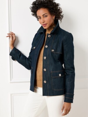 Refined Denim Short Trench Coat at talbots, NWT $199 color INDIGO, All size