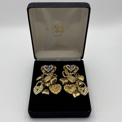 Kirks Folly Heart Dangle Charm Earrings Gold Tone AB Rhinestones Crystals - Picture 2 of 18