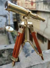 Nautical Polished Brass Telescope Maritime With Wooden Tripod Stand Desk D cor