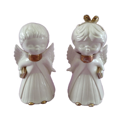 Vintage Kissing Angels Pair Christmas White Ceramic Girl Boy Figurines Gold 8in