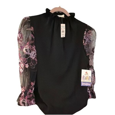 Stem & Vine Women's Black Floral Sheer Long Sleeve Blouse Size S
