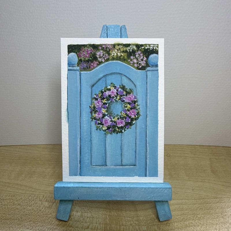 ACEO Original Gouache Blue Gate Floral Wreath by Riane/RianeArt