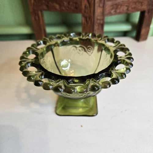 VTG Green Indiana Depression Glass Footed Open Lace Compote Dish 3"x5"