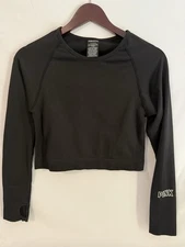 Victorias Secret Pink Active Top Womens L Crop Long Sleeve Workout Logo Black