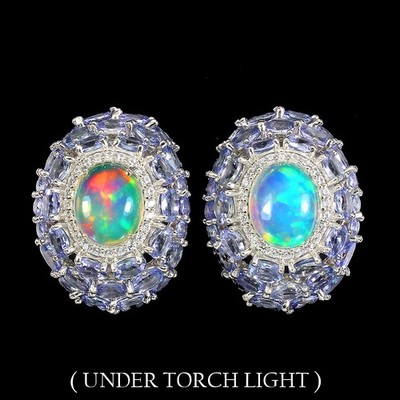 925 Sterling Silver Earrings Oval Fire Opal 10x8mm Tanzanite Natural Gemstone