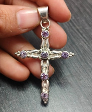 Natural Amethyst Gemstone 925 Sterling Silver CROSS Pendant Jewelry Unisex Gift