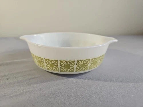 Vintage Pyrex Verde Square Green Flower 471 Round Casserole Dish 1 Pt