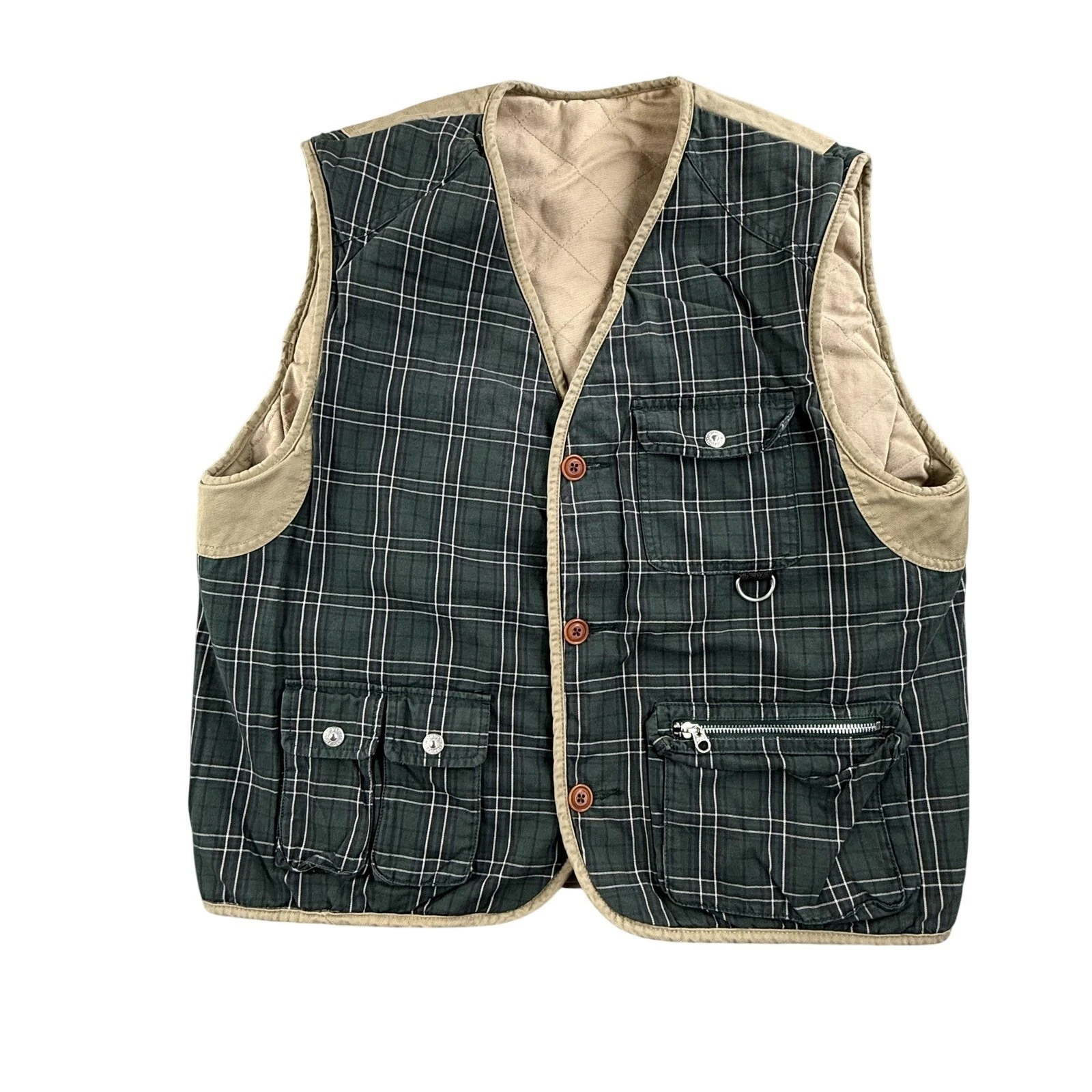 Vintage Tommy Hilfiger Vest Mens Medium Beige Quilted Reversible Plaid Fishing