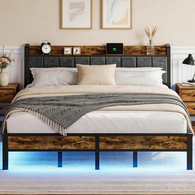 King Size Bed Frame with Charging Station, Storage Headboard Smart LED Lights,