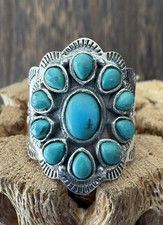 Sterling Silver Native American SW Genuine Kingman Turquoise Cluster Ring Size 9