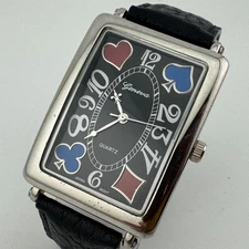 Geneva Quartz Watch Men Silver Rectangle Playing Card Dial Leather New Battery