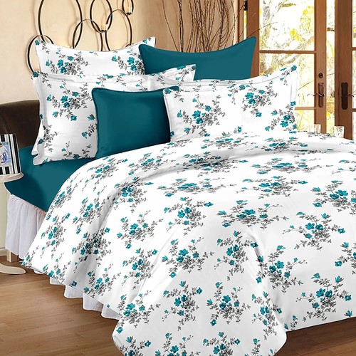 Cotton 144 TC Cotton King Size Bedsheet with 2 Pillow Covers - White, blue - 第 1/4 張圖片
