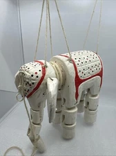 Vintage Handcrafted Wood Marionette Elephant On a String Puppet Thailand White