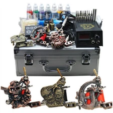 Top Level Complete Tattoo Kit 3 Machine Gun 7 Color Inks 50 Needles Power Supply