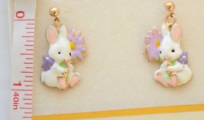 Easter Bunny w Flower Dangling Post Earrings / Gold-tone / White Spring Rabbit