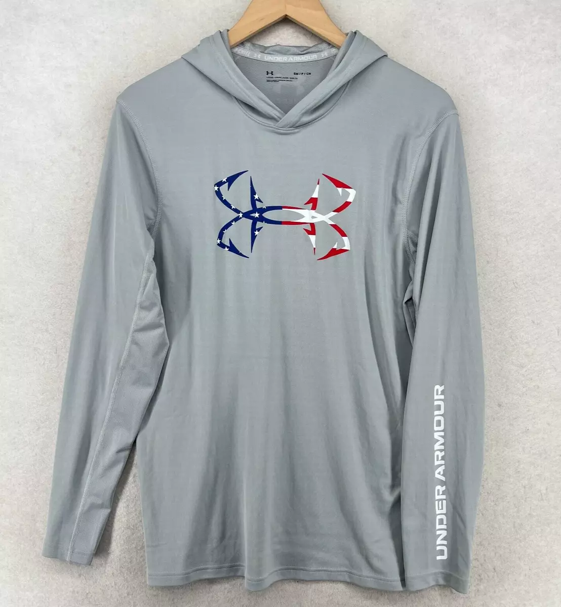 UNDER ARMOUR Shirt Mens S Iso-Chill Fishing Hook Flag Hoodie Long Sleeve  Gray