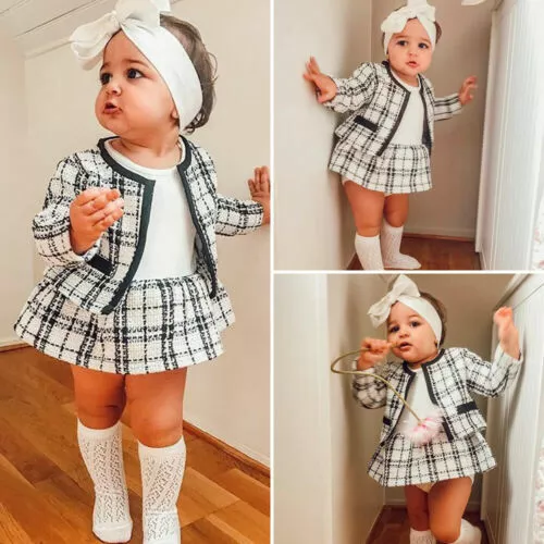 Baby Girl Pageant Plaid Coat Tutu Dress Outfits Suit Toddler Girl Clothing  Set