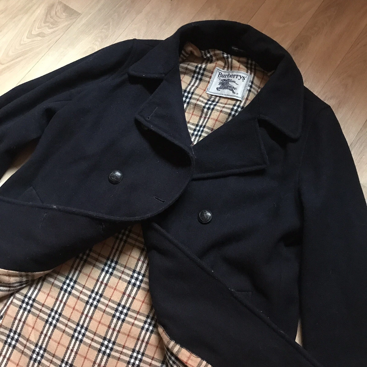 BURBERRY Jacket nova check Double Breasted PEACOAT WOOL Women Blue navy siz 33 M