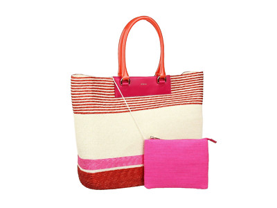 Furla Straw Shopper Tote Wristlet Set Pink Orange Red Stripe Clutch Brigitte Nwt