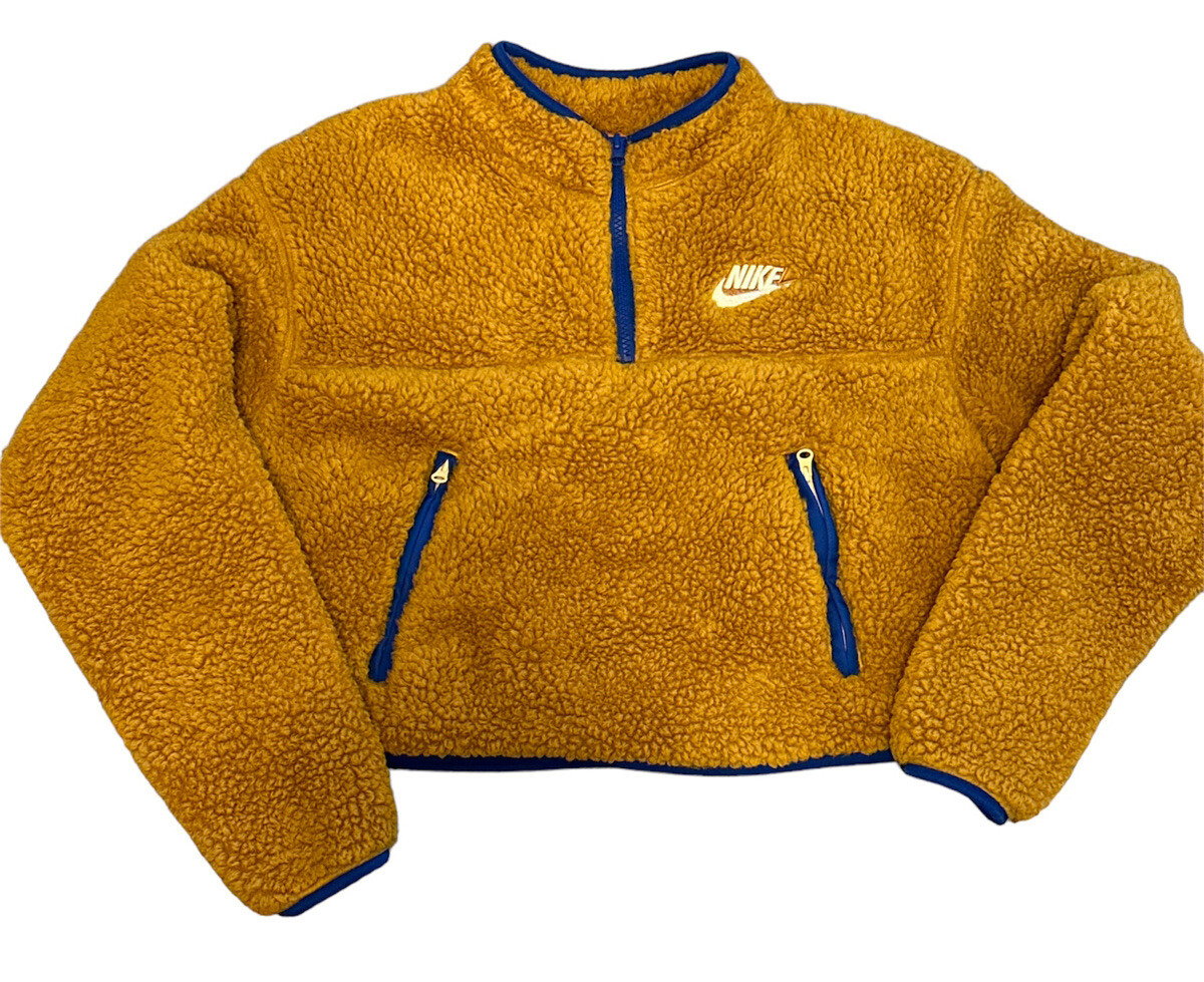 NIKE Womens Medium gold/blue Cropped Fuzzy Pullover 1/4 Zip Mock Neck  Pockets | eBay