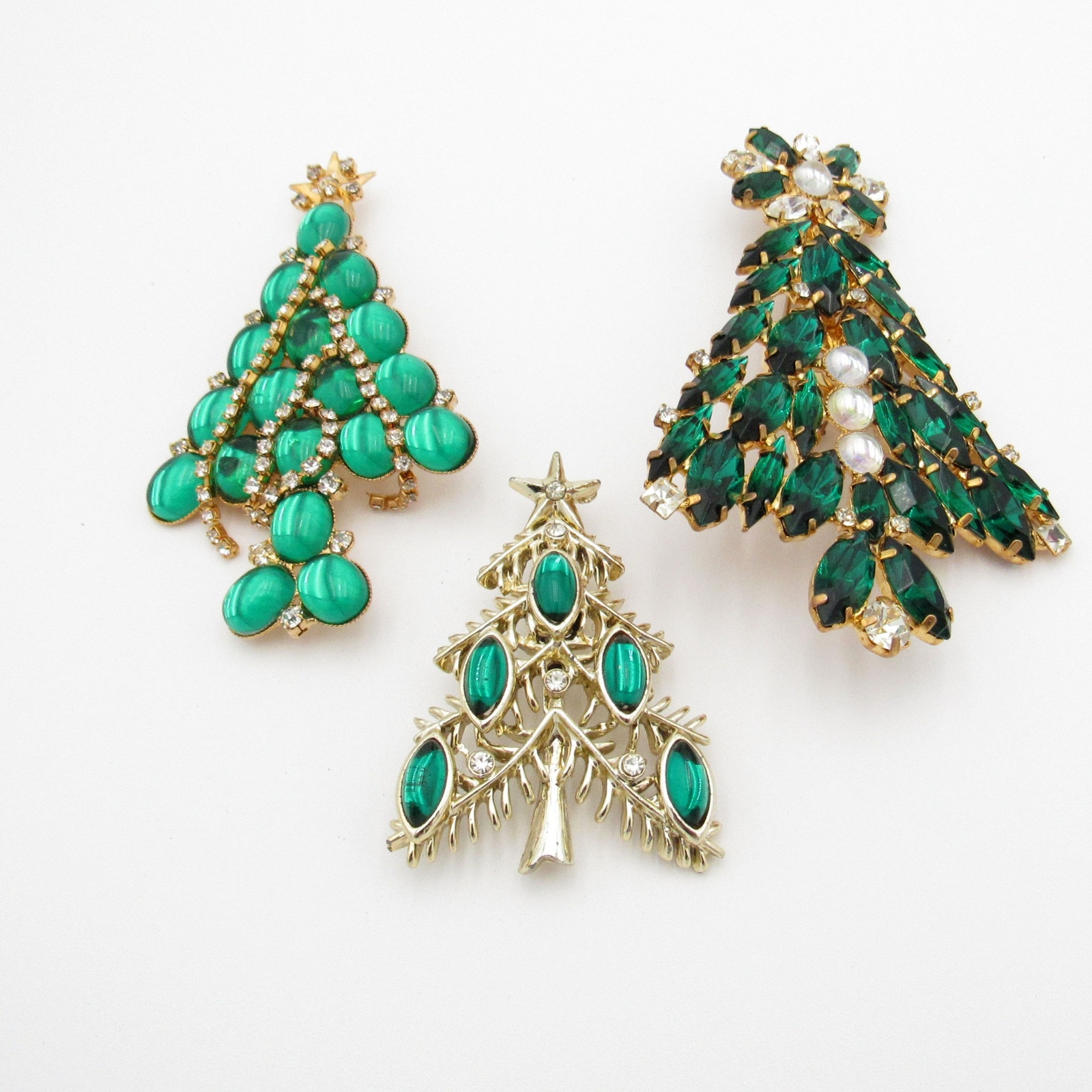 Vintage Group of 3 Christmas TREES, Brooch, Pin, Green Stones Designer