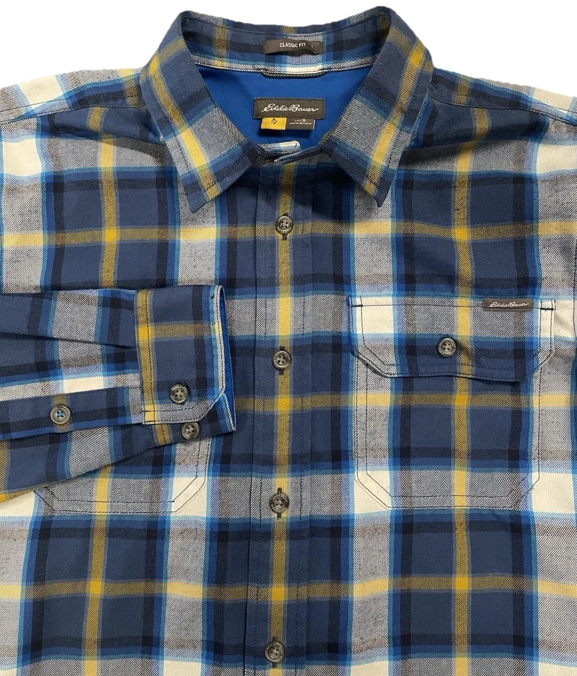 Eddie Bauer Plaid Flannel Shirt Mens Small Blue Yellow Classic Fit Long Sleeve
