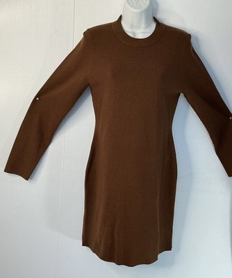 dee elly Brown Knit Sweater Dress Short Regular Long Sleeve Crew Neck Size L