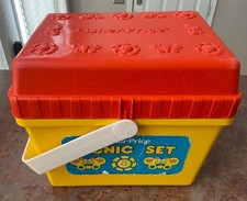 Vintage Fisher Price Picnic Basket with Dishes