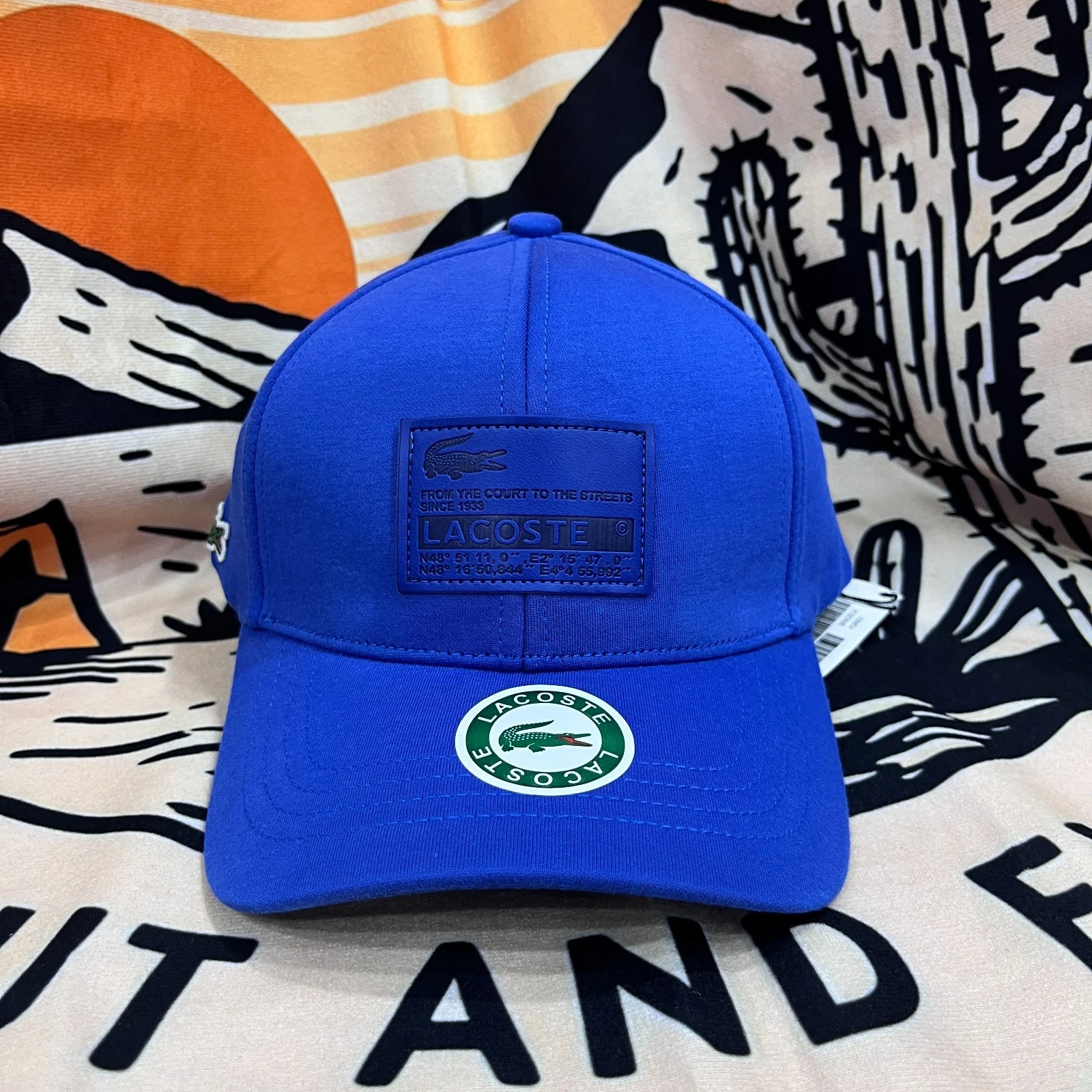 LACOSTE Square Leather Logo Men's Outdoor Adjustable Blue Baseball Cap