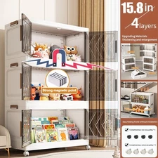 4 Tier Folding Storage Cabinet Shelf with Doors and Wheels for Home Office Dorm