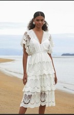 FARM Rio Women's White Lace Floral Tiered V-Neck Flutter Sleeve Midi Dress S
