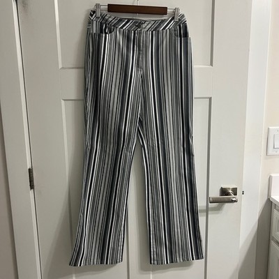 Caslon Women Grey White Black Striped Straight Leg Trousers Pants Sz 8 Retro