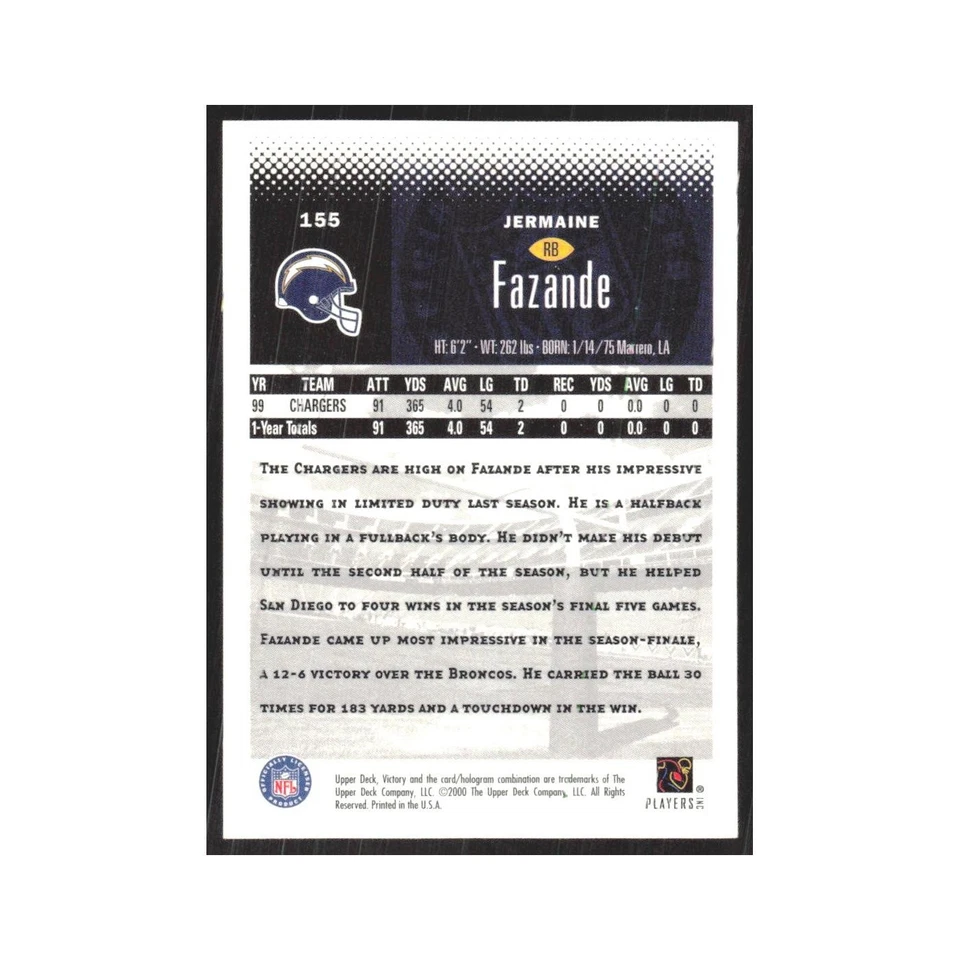 2000 Upper Deck Victory Jermaine Fazande San Diego Chargers #155 - Image 2 of 3