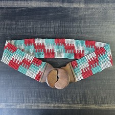 Vintage Beaded Stretch Belt Wood Buckle Boho Hippie Geometric Southwestern Aztec